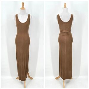 ENZA COSTA Silk Rib Maxi Tank Dress Womens Small Camel Brown Scoop NEW